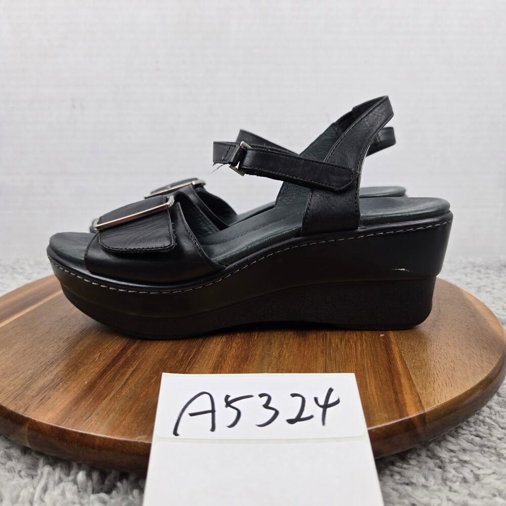 Dansko Womens 37 Georgie Black Leather Wedge Platform Ankle Strap Strappy Sandal
